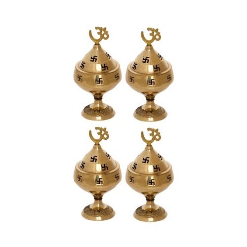Gold Om Swastik Brass Diyas Set of 4