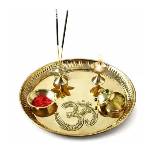 Gold Brass Pooja Thali Aarti Set