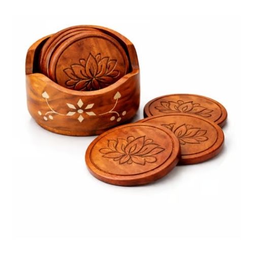 Brown Wooden Coaster Set For Tea Coffee And Drink With HolderStand
