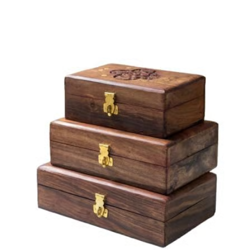 Set of 3 Handcrafted Wooden Storage Boxes with Carved Lid amp Brass Clasps
