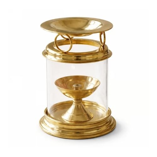 Gold Brass Aromatherapy Oil Model Akhand Diya With Glass Cover For Pooja